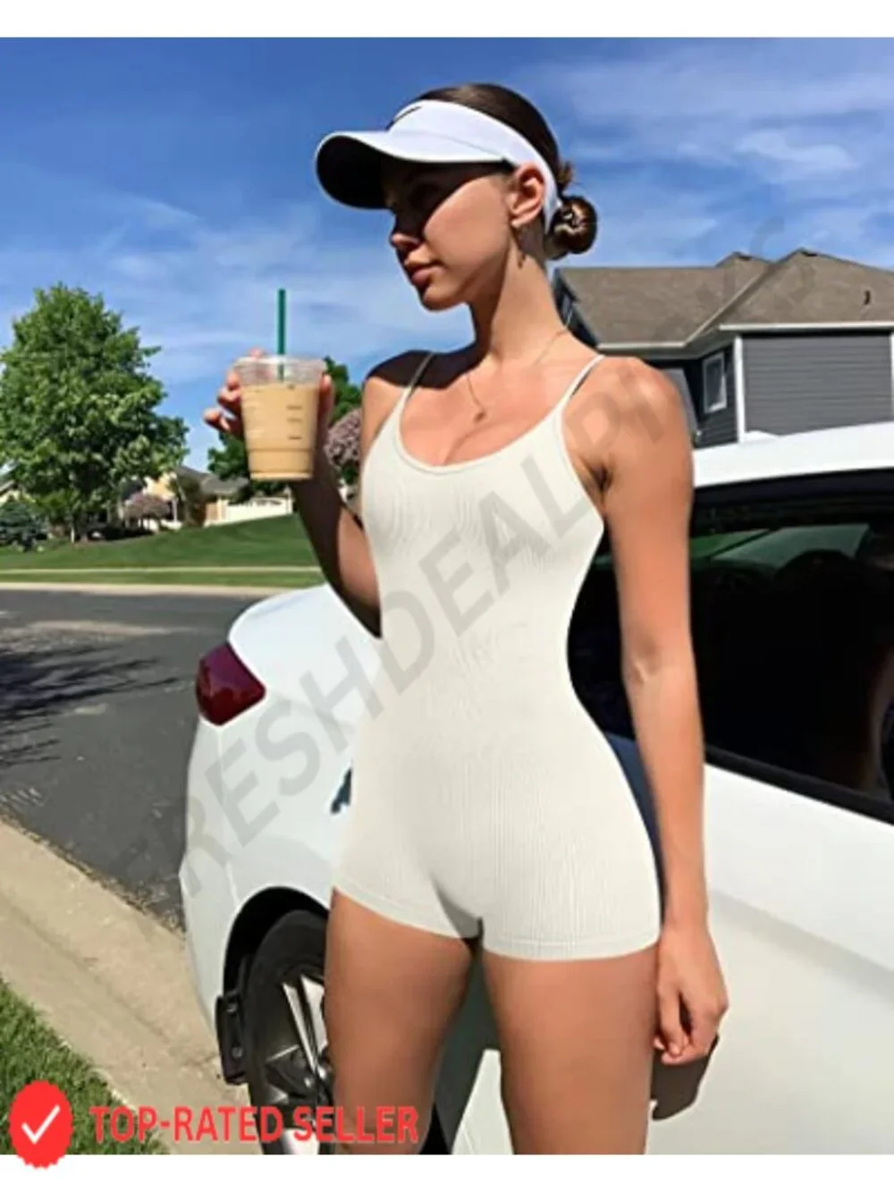 Women's Seamless Ribbed Yoga Romper Jumpsuit with Squat-Proof Tummy Control